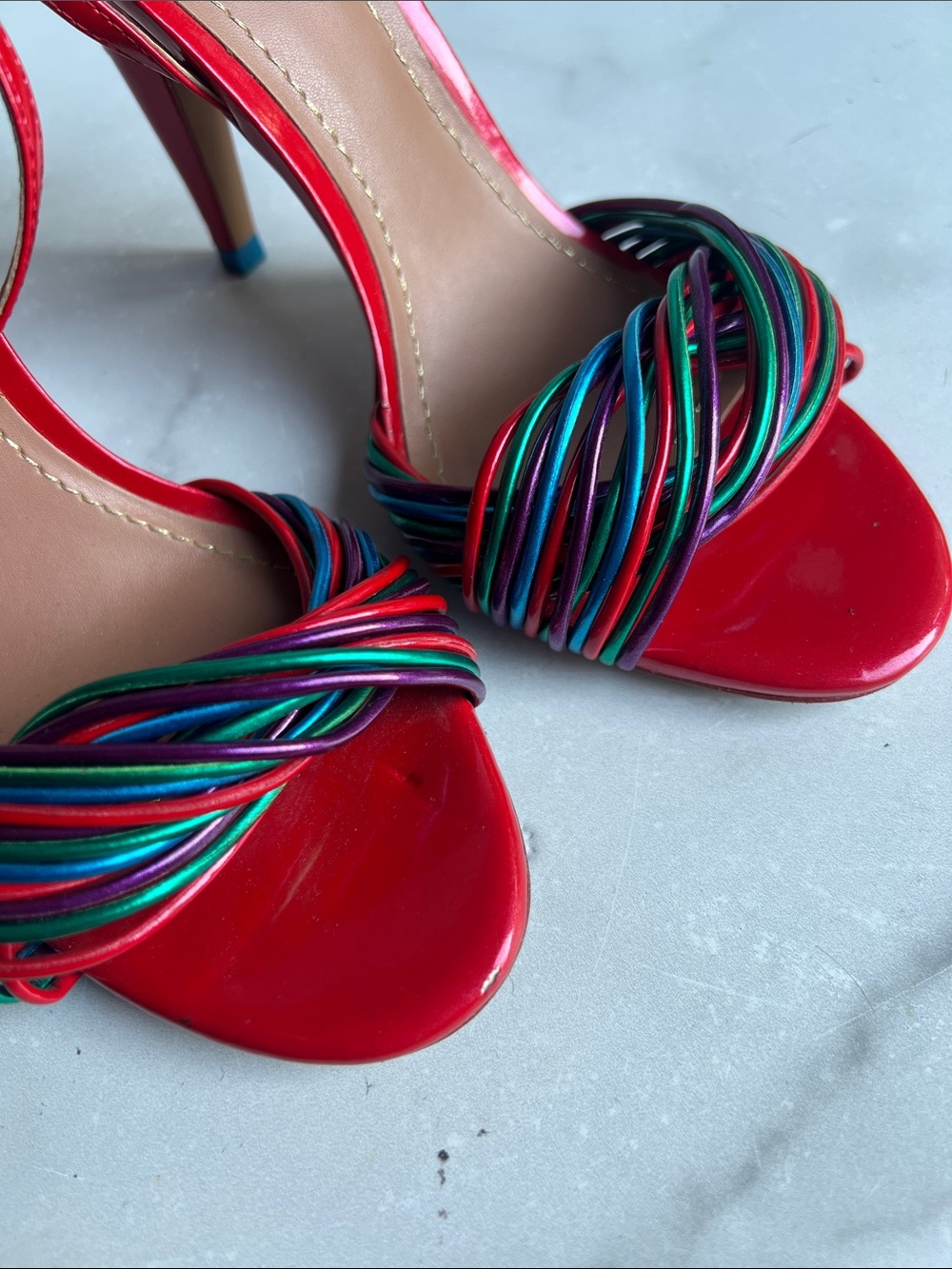 Zara Red High Heel Sandals with Multicolor Braided Straps size 37 fits size 6 - Picture 2 of 13
